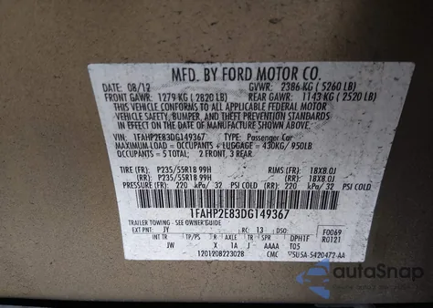 2013 Ford Taurus Sel from USA, damaged, VIN 1FAHP2E83DG149367